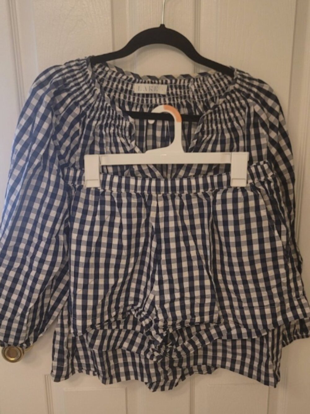 LAKE Poplin Gingham Lounge Set Blue White Pajama Style Top & Shorts Size L